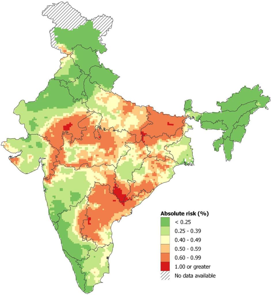 Spatial distribution of snakebite mortality risk in India for 2004-13.
Note: About 0.33% of the Indian population lived in areas with an absolute risk of 1% or greater of dying from snakebite before age 70 years, and 21% lived in areas with absolute risk of 0.6% or higher. Population estimates used the Gridded Population of the World version 4 for year 2015 (Center for International Earth Science Information Network - CIESIN - Columbia University, 2015).